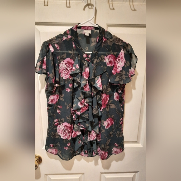 Converse One Star Blouse Womans Large Gray Floral Ruffle Button Down - Picture 3 of 12